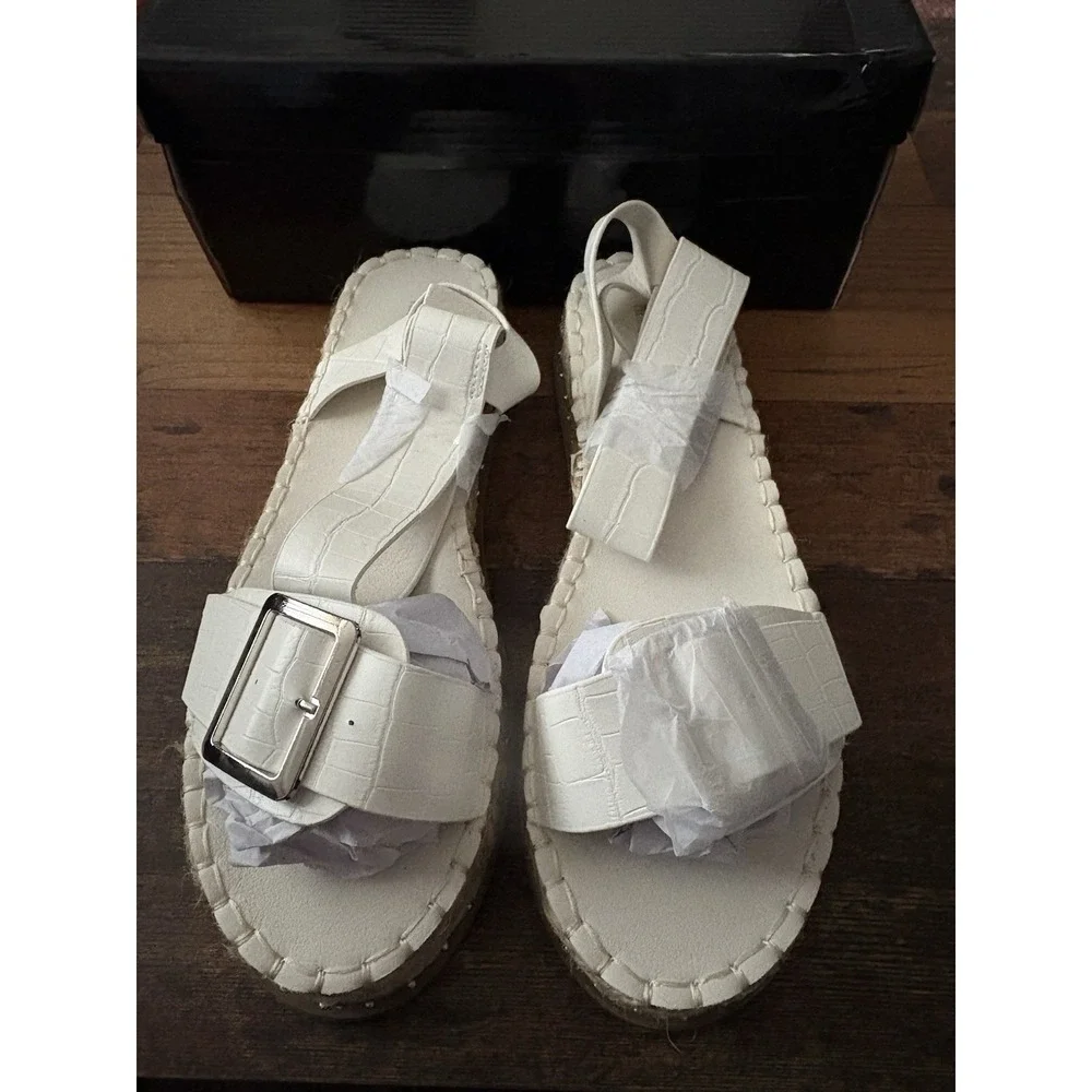 PrettyLittleThing White Croc Buckle Ankle Strap Espadrille Platform Sandals US 9